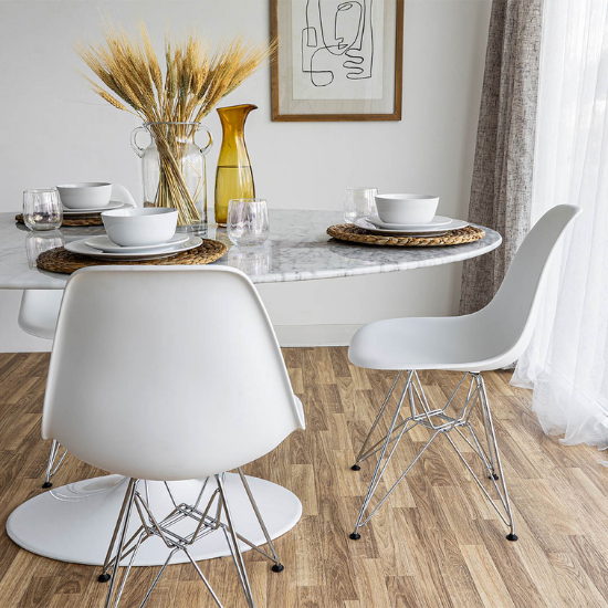 White Cairo Dining Chairs at Round Table
