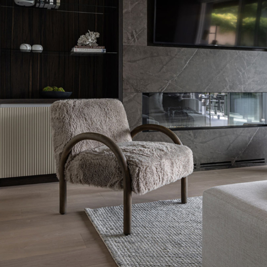 Eros Chair Shaggy Granite at Fireplace