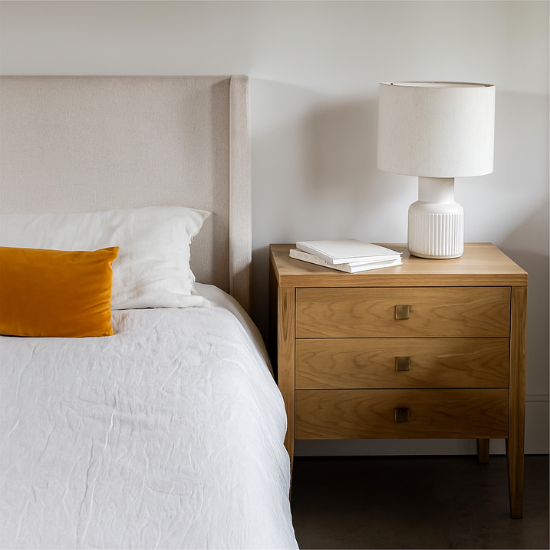 Hara 3 Drawer Dresser in Natural Oak beside bed