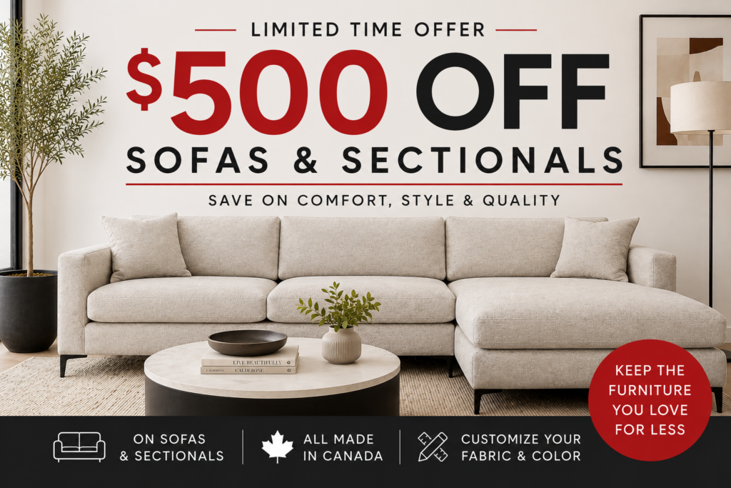 Save $500 off website pricing on custom sofas and sectionals at Novo Furniture Vancouver
