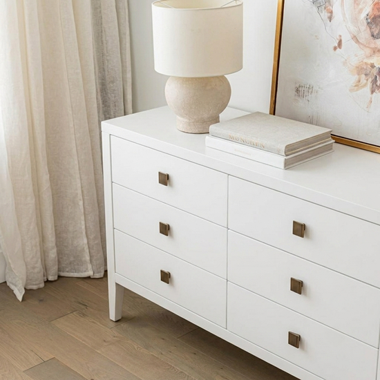 Hara 9 Drawer Dresser White – Lifestyle Detail Close bedroom detail of Hara 9 Drawer Dresser in White