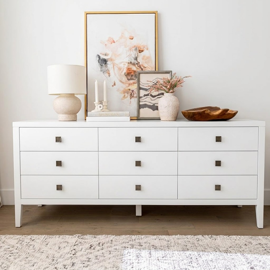 Hara 9 Drawer Dresser White – Bedroom Setting Hara 9 Drawer Dresser in White styled in a bedroom