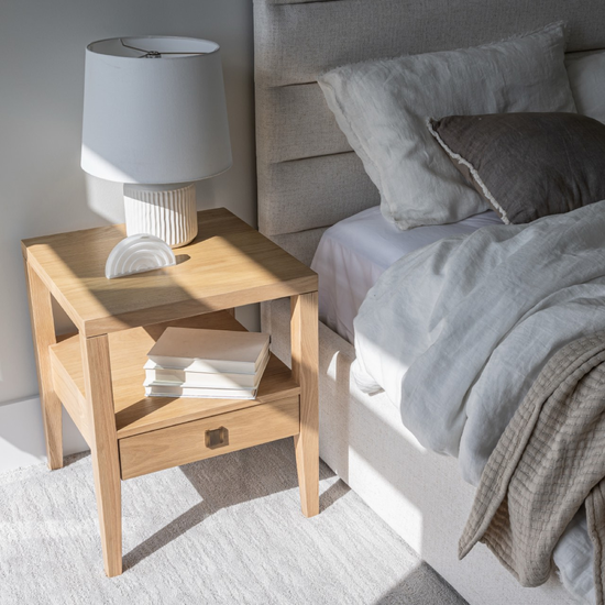 Hara Natural Oak Accent Table Used as a Nightstand Hara 1 Drawer Accent Table in Natural Oak used as a bedside nightstand