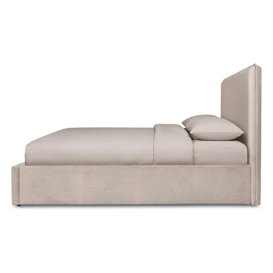 Julia Bed in Velvet Light Fawn side view showing upholstered rails