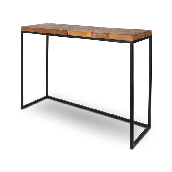 Angled view of teak top on Small Natura Console Desk