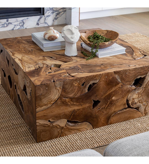 Natura Flow Square Coffee Table in Natural teak styled in a living room