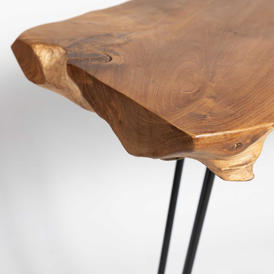 Natura Hairpin Console Table – Live Edge Detail Live-edge teak detail on Natura Hairpin Console Table