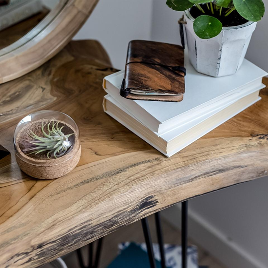 Natura Hairpin Console Table – Teak Top Detail Close-up of teak top on Natura Hairpin Console Table