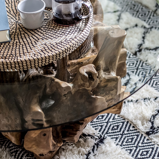 Large Natura Root Coffee Table glass and teak detail