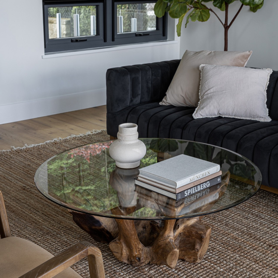 Small Natura Root Coffee Table with dark sofa