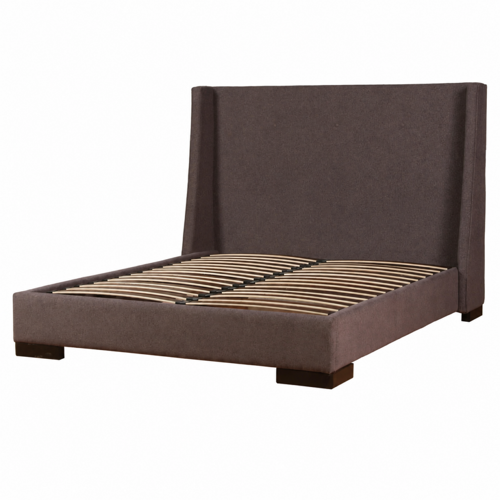 Angled view of Ella upholstered wingback bed by Van Gogh Designs