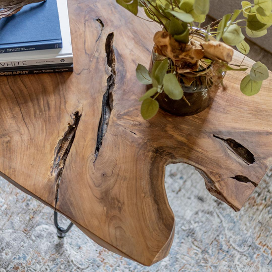 Natural teak top detail on Natura Hairpin Coffee Table